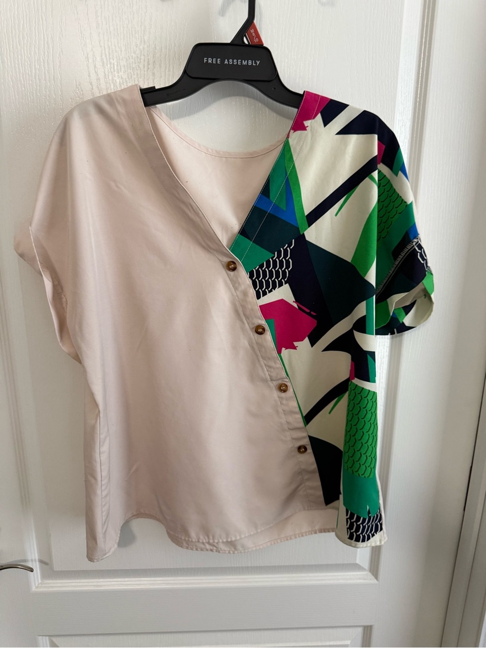 SHEIN Pink and Green Colorblock Button-Front Blouse